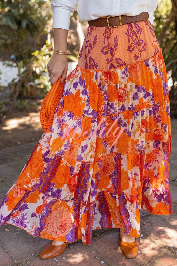Resort Style Floral Print Elastic Waist Loose Stitching Maxi Skirt