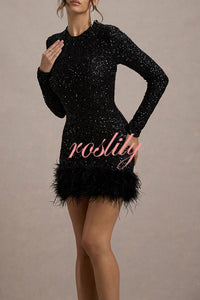 Party Must-have Sequin Long Sleeve Feather Trim Stretch Mini Dress