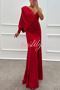 Like Venus One Shoulder Bat Sleeve Ruched Detail Slit Gown Maxi Dress