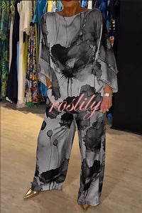 Satin Botanical Print Crew Neck Casual Top and Elastic Waist Loose Pocket Pants Set