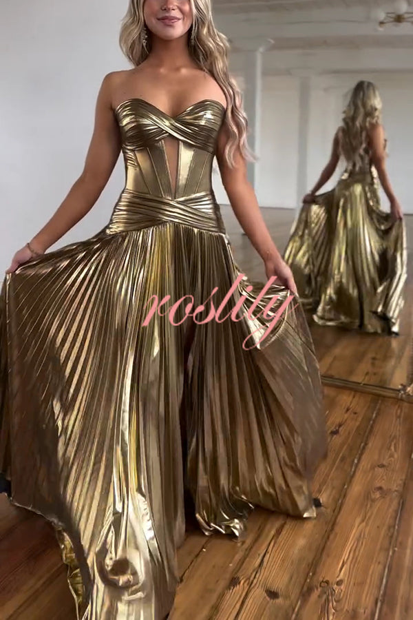 Dazzling Metallic Fabric Cross Strapless Cutout Slit Pleated Maxi Dress