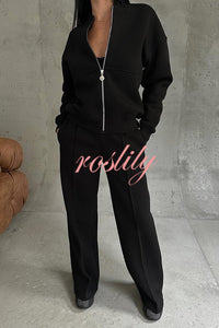 Solid Color Casual Long Sleeve Zipper Jacket and Elastic Waist Pocket Wide Leg Pants Set