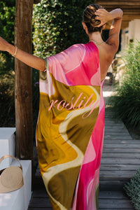 Summertime Favorites Satin Tie Dye Print One Shoulder Drape Vacation Maxi Dress