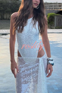 Fashion Sequin Sleeveless Fitted Rompers and Holiday Slit Maxi Skirt Set