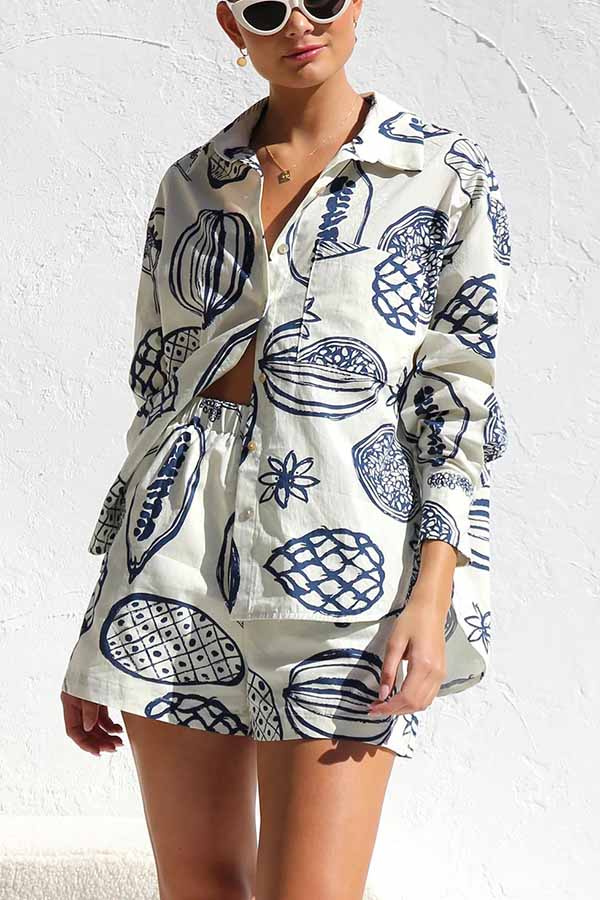 Parkside Pretty Tropical Fruit Print Loose Shirt and Elastic Waist Pocketed Shorts Set