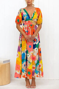 Floral Frenzy Printed Puff Sleeve Back Smocked Maxi Dress