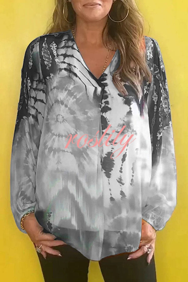 Fashionable Gradient Tie-dye V-neck Long-sleeved Casual Shirt