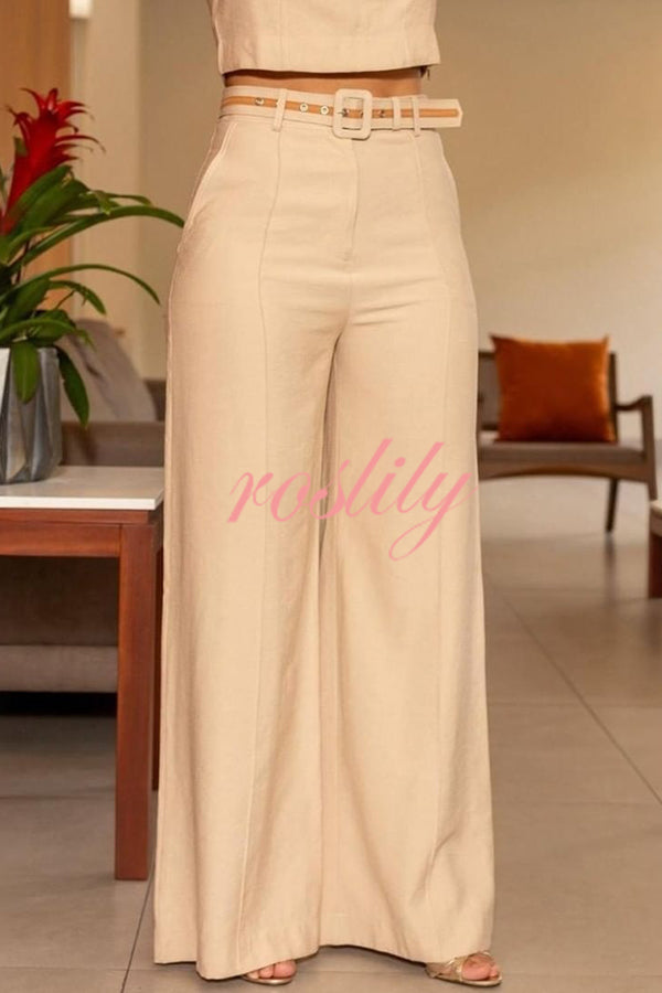 Solid Color Slim Fit Sleeveless Crew Neck Top and High Waist Pocket Wide Leg Pants Set