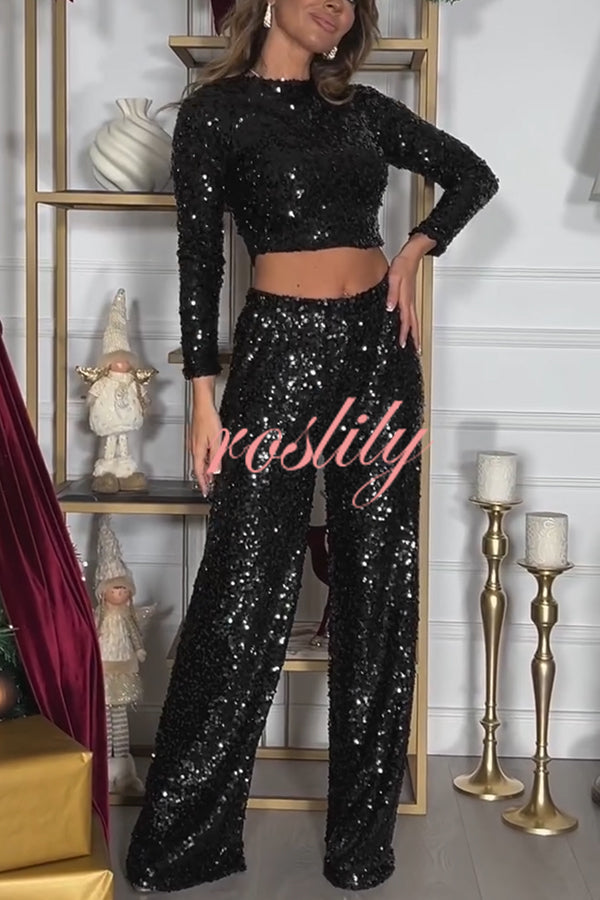 New Start Sequin Long Sleeve Back Tie-up Crop Top and Elastic Waist Loose Pants Set