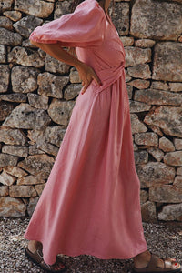 Linen Blend High Waist V-neck Loose Maxi Dress