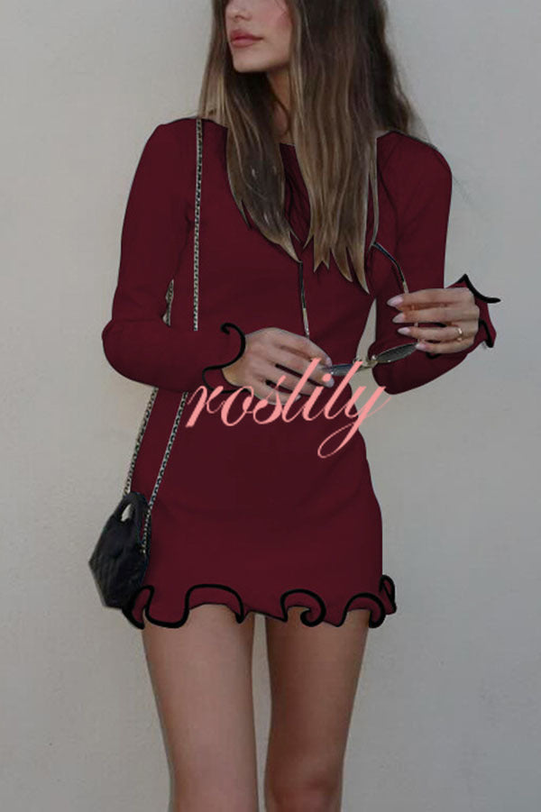 Fashionable Rolled Hem Round Neck Long Sleeve Slim Fit Mini Dress