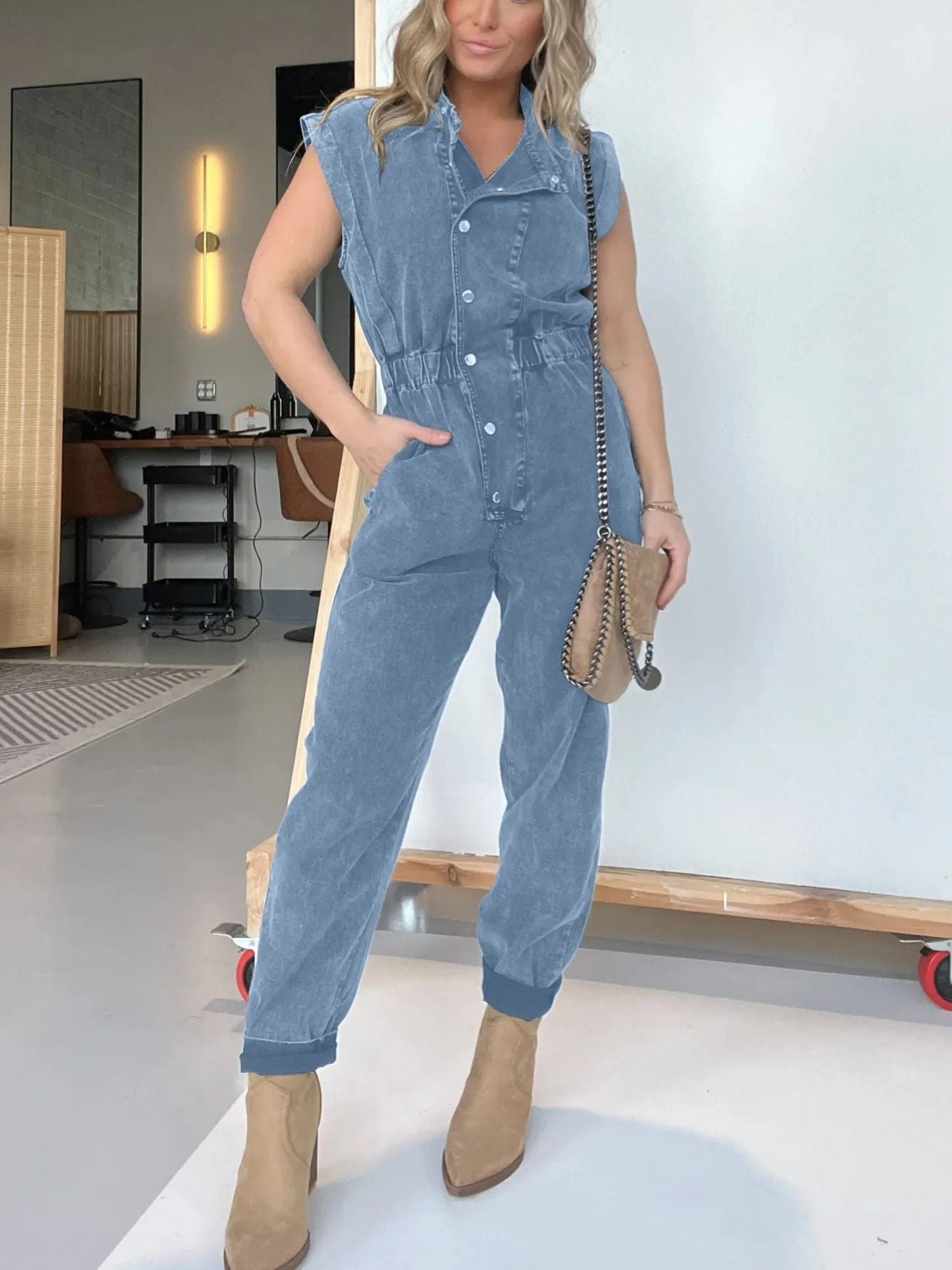 Shirt Collar Sleeveless Casual Loose Denim Wide-leg Jumpsuit