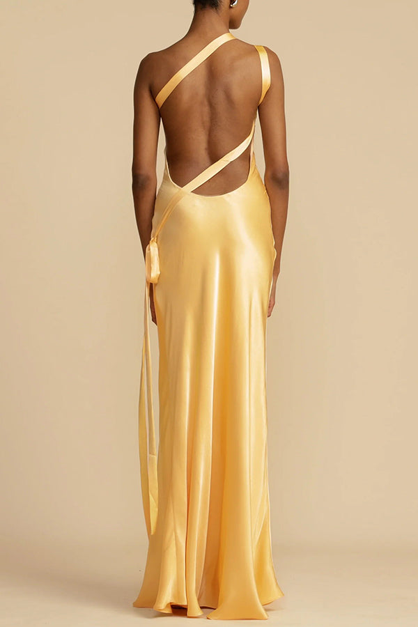 Moonlit Soiree Satin Asymmetrical One Shoulder Backless Strap Maxi Dress