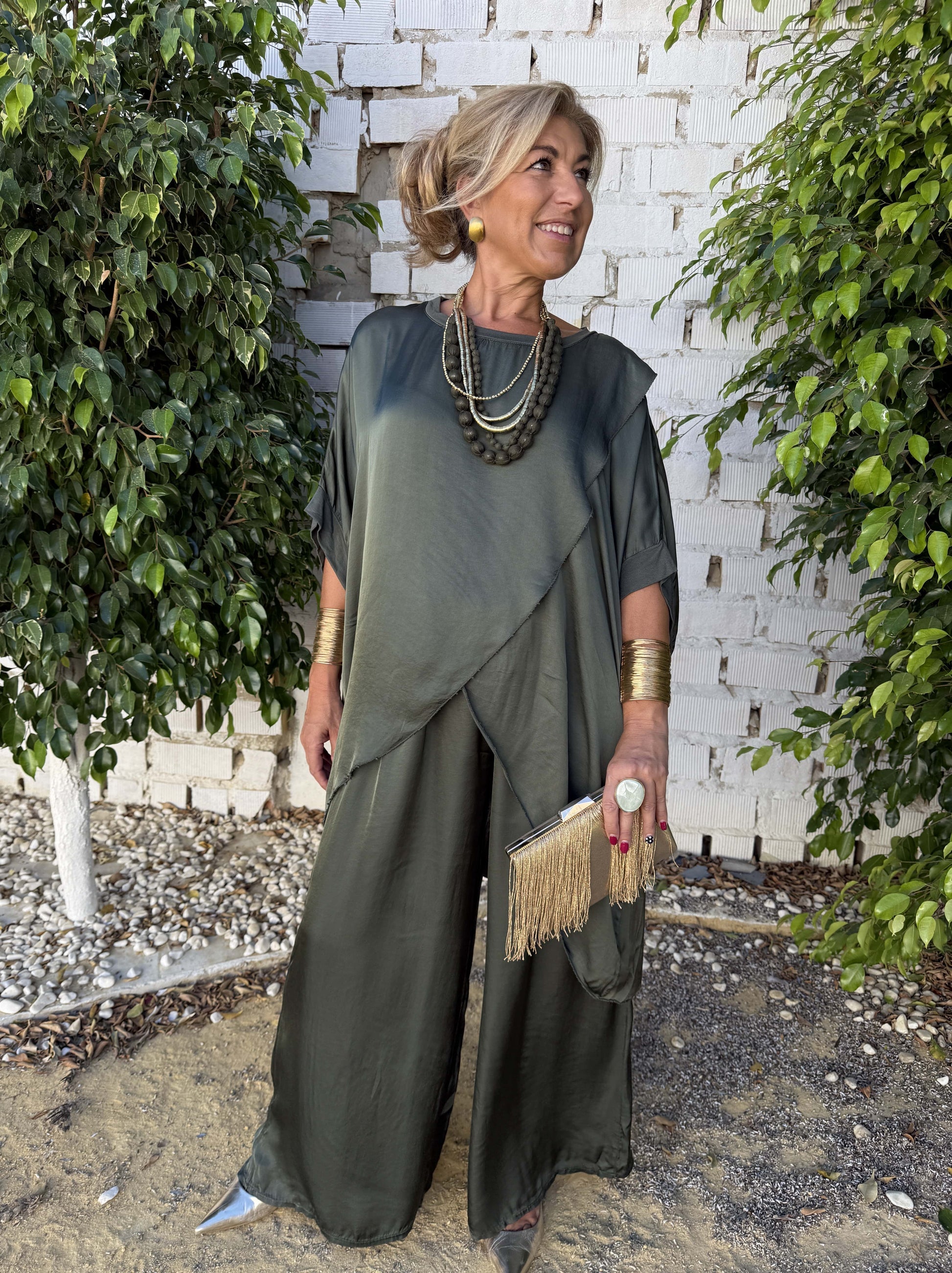 Cross-Front Satin Wide-Leg Set