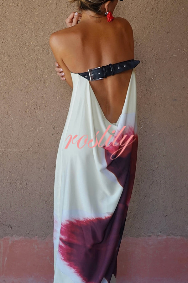 Floral Print Sexy Strapless Backless Belt Maxi Dress