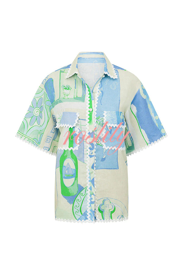 Pierre Linen Blend Ric Rac Trims Unique Print Short Sleeve Shirt and Wrap Tie-up Mini Skirt Set