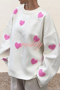 Fashionable Embroidered Love Loose Round Neck Long Sleeve Knitted Sweater