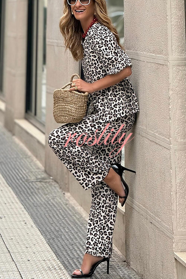 Enjoy Everyday Leopard Print Puff Sleeve Babydoll Top and Elastic Waist Pocketed Pant Set