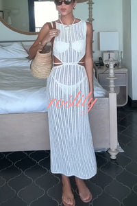 Beach Day Crochet Knit Cutout Waist Coverup Stretch Maxi Dress