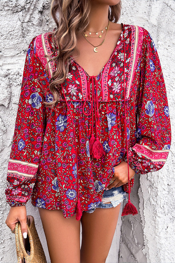 Intricate Floral Print V Neck Lace Up Paneled Long Sleeve Shirt