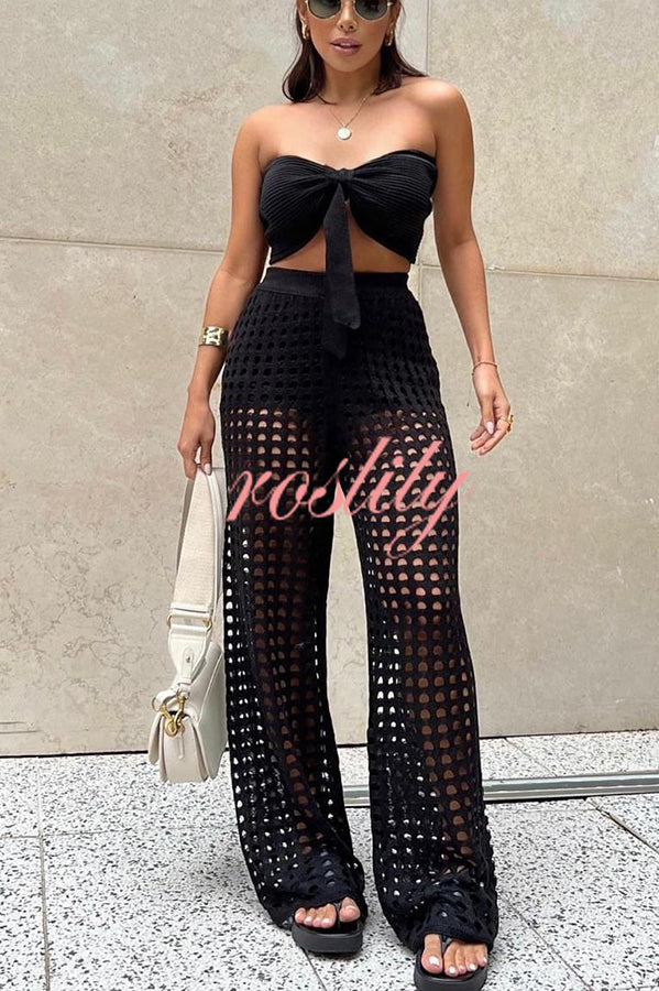 Riley Knit Front Knotted Bandeau and Stretch Hollow Out Wide Leg Pants Set