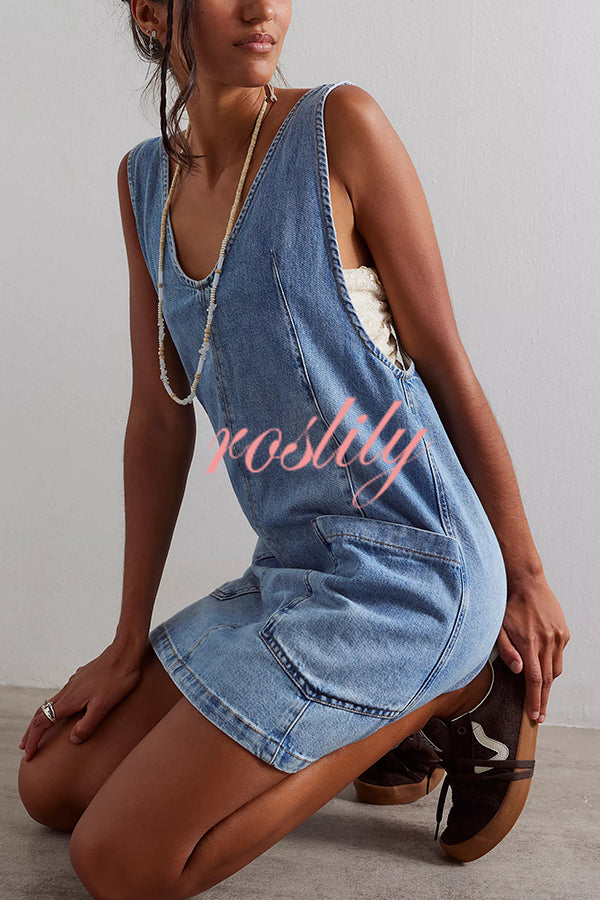 Solid Color Sleeveless V-neck Pocket Adjustable Denim Suspender Mini Dress