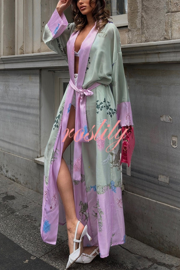 Karty Satin Unique Print Long Sleeve Belt Lapel Kimono Cover-ups