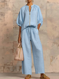 Cotton Linen Effortless Zip-Front Wide Leg Two-Piece Set
