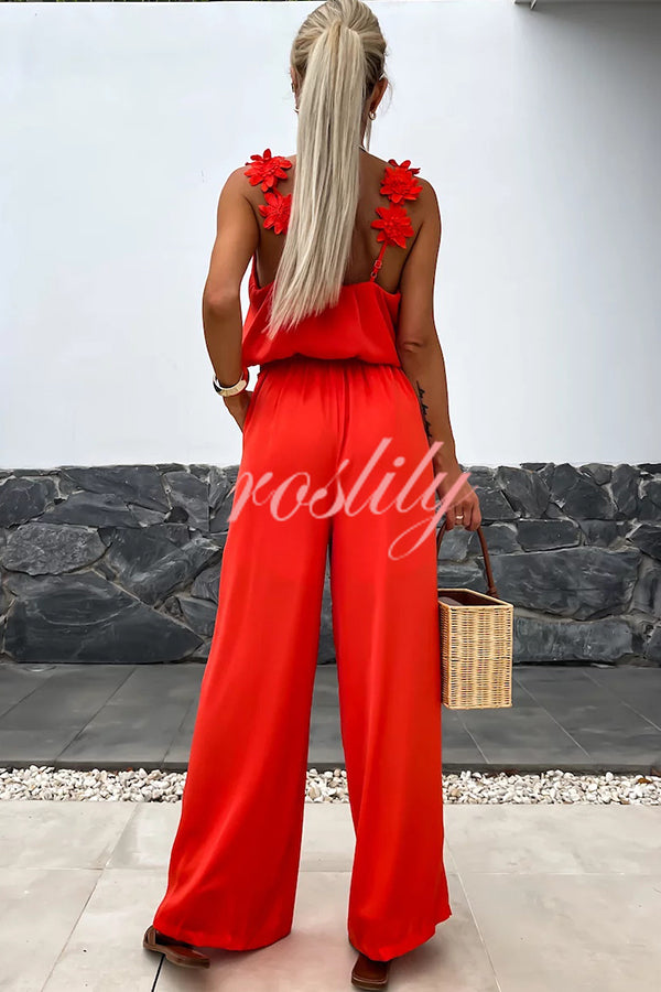 Solid Color Embroidered Flower Suspenders Casual Loose Jumpsuit