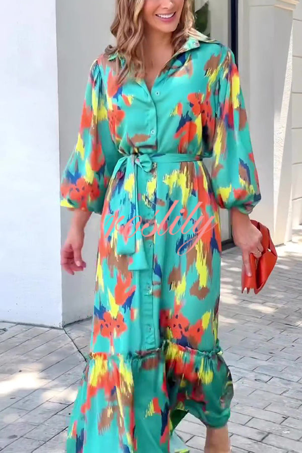 Multicolor Printed Lapel Balloon Sleeves Tie-waist Maxi Dress