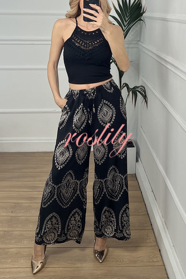Unique Print Elastic Waist Casual Pocket Wide Leg Pants