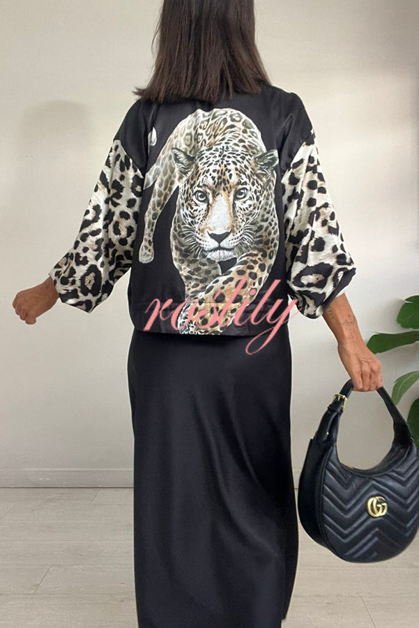 Shiloh Leopard Unique Print Zipper Drawstring Hem Bomber Jacket