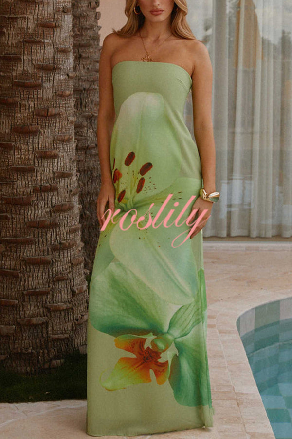 Smooth and Elegant Satin Unique Floral Print Off Shoulder Maxi Dress