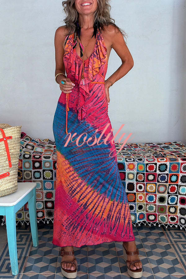 Tarik Tie-dye Print Ruffle Neck Halter Lace-up Backless Stretch Maxi Dress