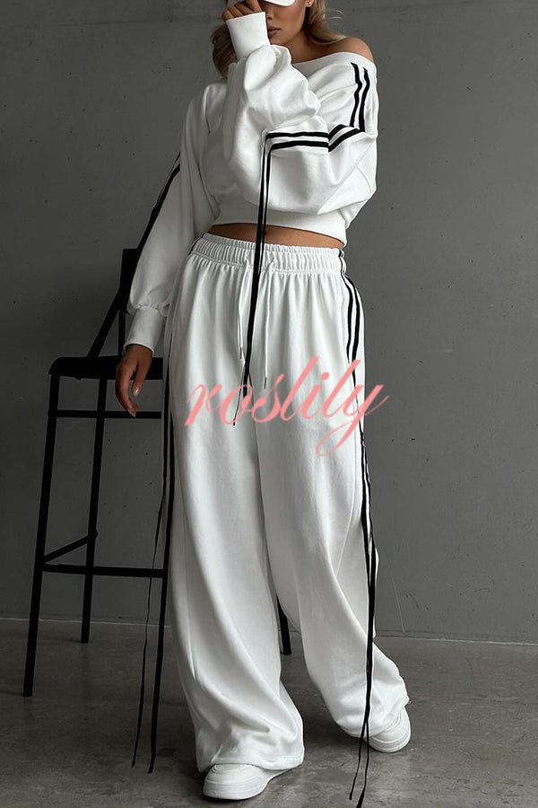 Contrast Color Webbing Casual Sweatshirt and Elastic Waist Tie Loose Pants Set