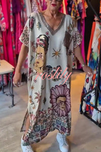 Fashion Printed V-neck Short-sleeved Casual Loose Maxi Dress