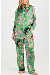 Quiet Jungle Satin Unique Print Long Sleeve Shirt and Elastic Waist Pocket Lounge Pants Set