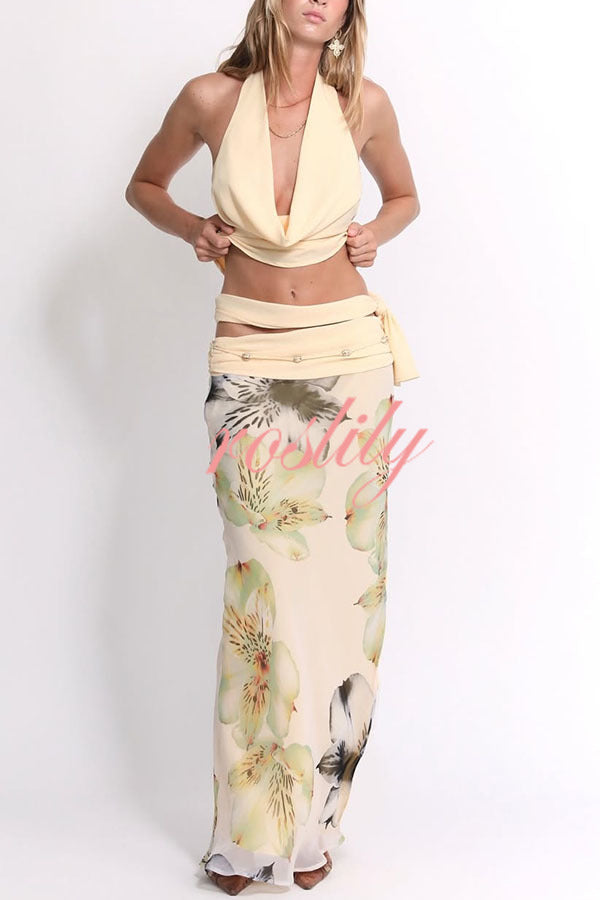 Beautiful Statement Cowl Neck Halter Tank and Floral Ruched Waist Slit Maxi Skirt Set