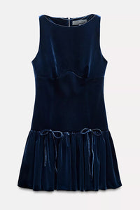 Solid Velvet Bow Embellished Sleeveless Mini Dress