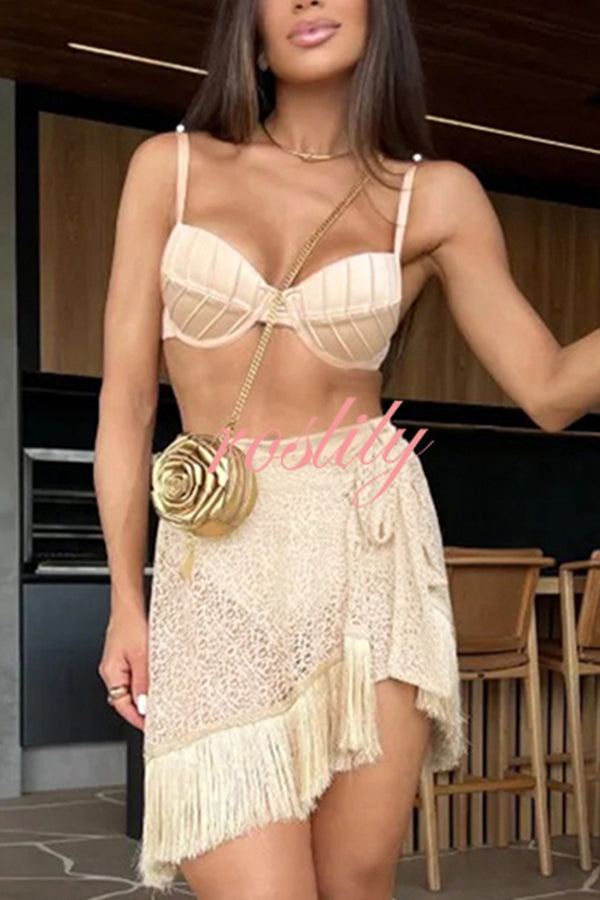 Hollow High Waist Stretch Bikini Swimsuit with Bell Sleeve and Tassle Skirt (3 Pieces)