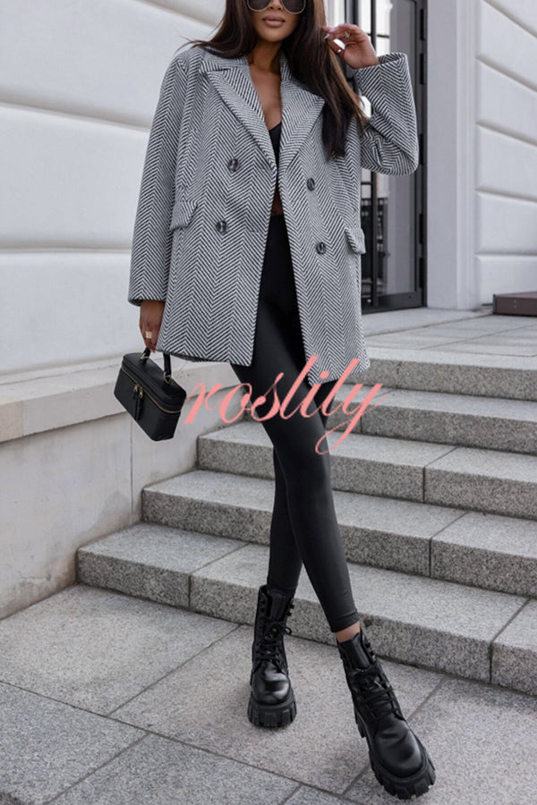 Fashion Stripe Print Lapel Pocket Coat