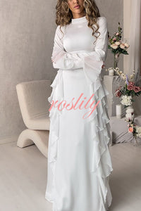 Cline Solid Color High Neck Long Sleeve Elegant Ruffles Maxi Dress