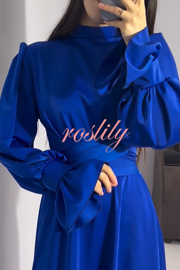 Solid Color Ruffled Sleeves Waisted Tie Slim Fit Maxi Dress