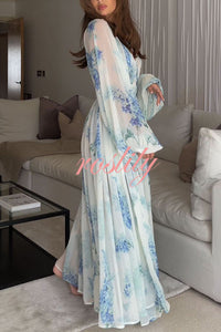 Headed To The Ocean Chiffon Floral Drawstring Waist Maxi Dresses