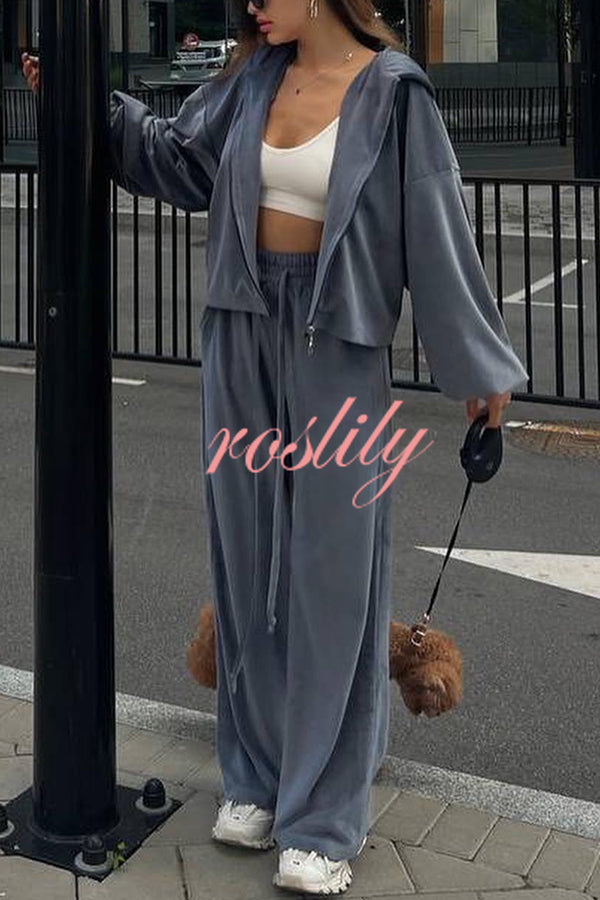 Velvet Casual Zip-up Hooded Top and Elastic Waist Wide Leg Pants Set