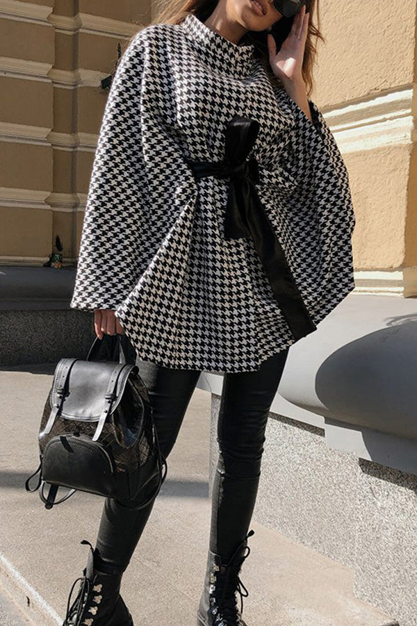 Stylish Houndstooth Loose Lace-up Cape