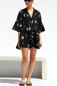 Shelby Unique Print Bell Sleeve Smock Style Tiered Shirt Mini Dress