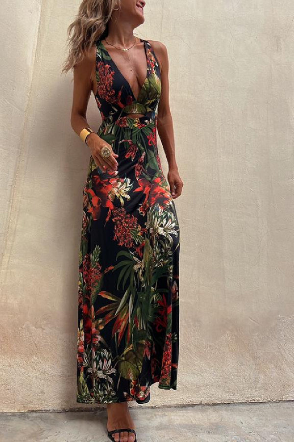 Rainforest Paradise Tropical Print Cutout Back Crossover Stretch Maxi Dress