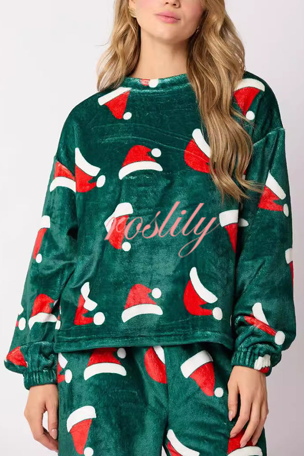 Christmas Printed Crew Neck Long Sleeve Top and Elastic Waist Loose Pants Set