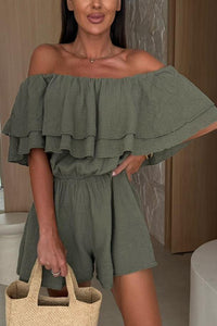 Solid Color Off-shoulder Ruffled Casual Waist Rompers